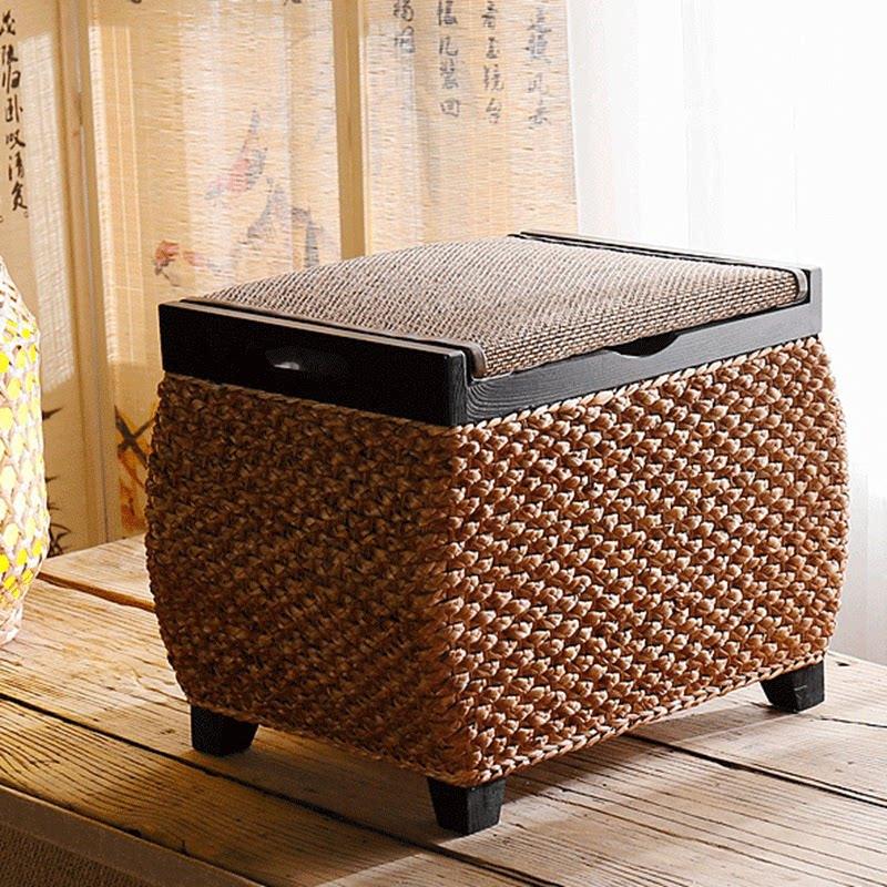 Nordic Rattan Storage Stool, Bench with Storage for Entryway, Footrest Ottoman for Living Room Bedroom, Multi-Functional Seating