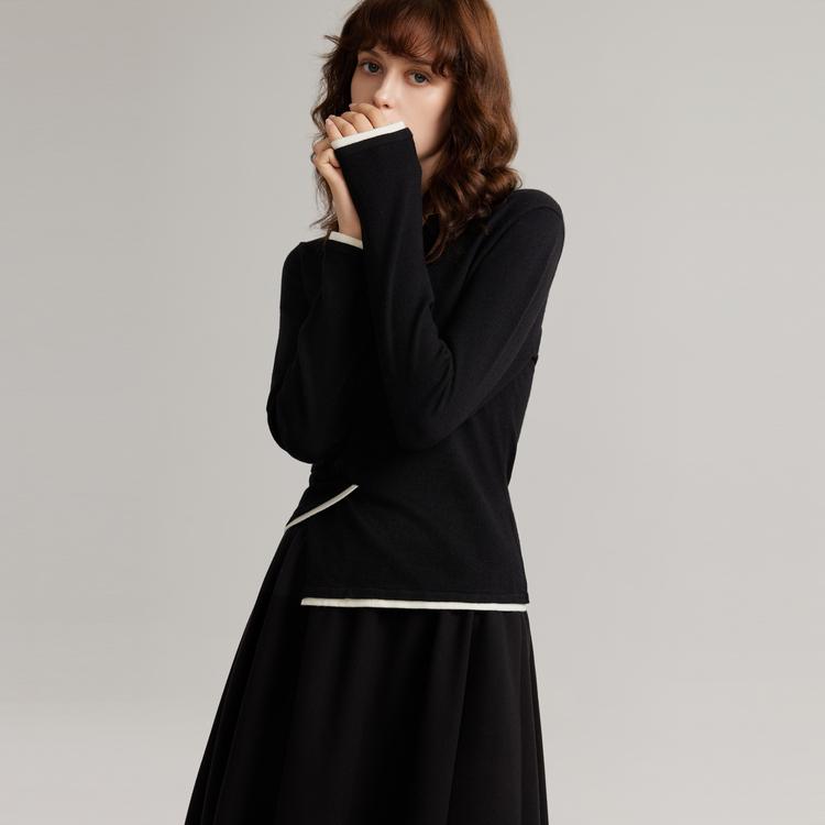 ELLE Solid Color French Style High-End Color Block Pullover Soft Fashion Long Sleeve Sweater Women Sweater Black EZ40256