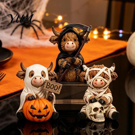Dark Style Resin Figurine 3Pcs Halloween Highland Cow Figurines, Cattle Statues of Grim Reaper, Modern Farmhouse Table Decor Mummy & Ghost,