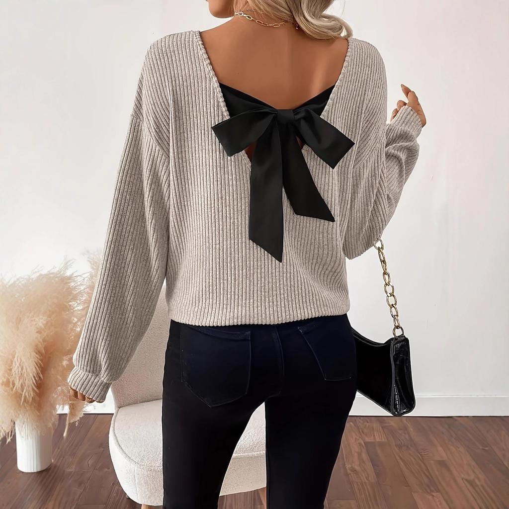 Women's V-Neck Solid Sweater with Bow - Autumn Long Sleeve Loose Fit