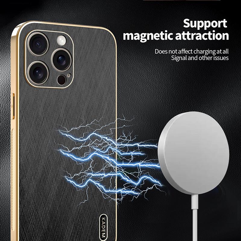 Magsafe Wireless Charging Plating Frame Leather Phone Case For iPhone 16 Pro Max 16E 14 11 12 13 15 Pro Max Bumper Back Cover
