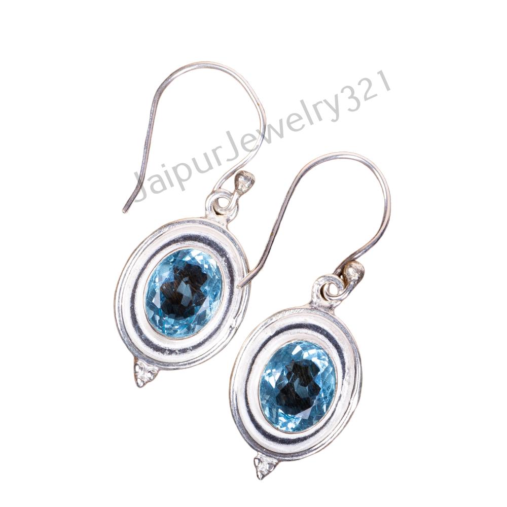 Natural Sky Blue Topaz Gemstone 925 Solid Silver Handmade Jewelry Earrings 1.50" EE-1-4