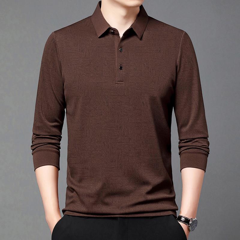 

Spring Autumn Polo Shirts Men Business Casual Elastic Polos Solid Color Print Long Sleeve Tees 2XL коричневый/красный