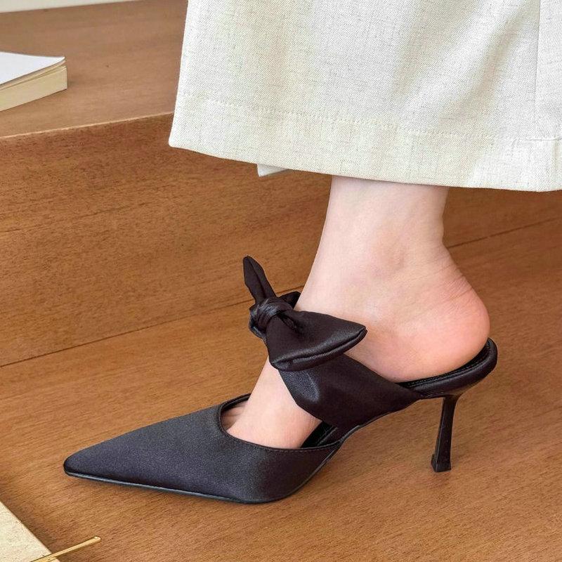 Fashion Silk Pointed Bow Thin High-heeled Shoes for Women Spring and Summer 2025 Casual and Fashion Slippers Ladies Designer Sandals