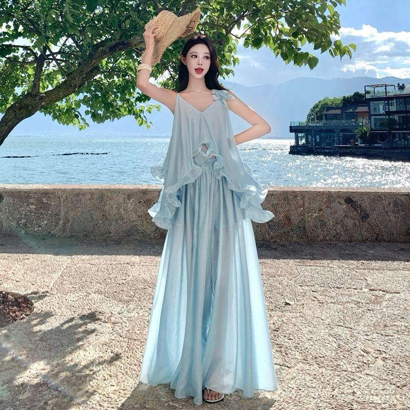 French Fairy Three-dimensional Flower Lotus Leaf Edge Blue Suspender Dress Women's Summer Vacation Pendulum Dress Set