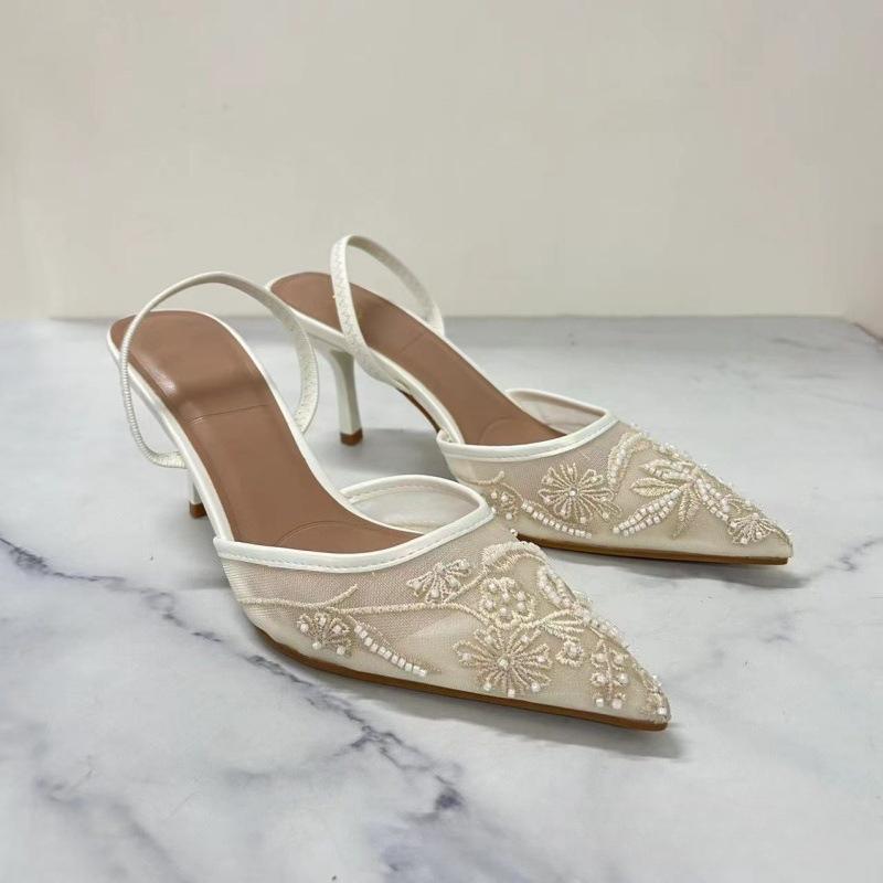 Design Mesh Embroidered Flowers Sandals Women Breathable 2025 Summer Slingback Pumps Women Sexy Pointed Toe Thin High Heels