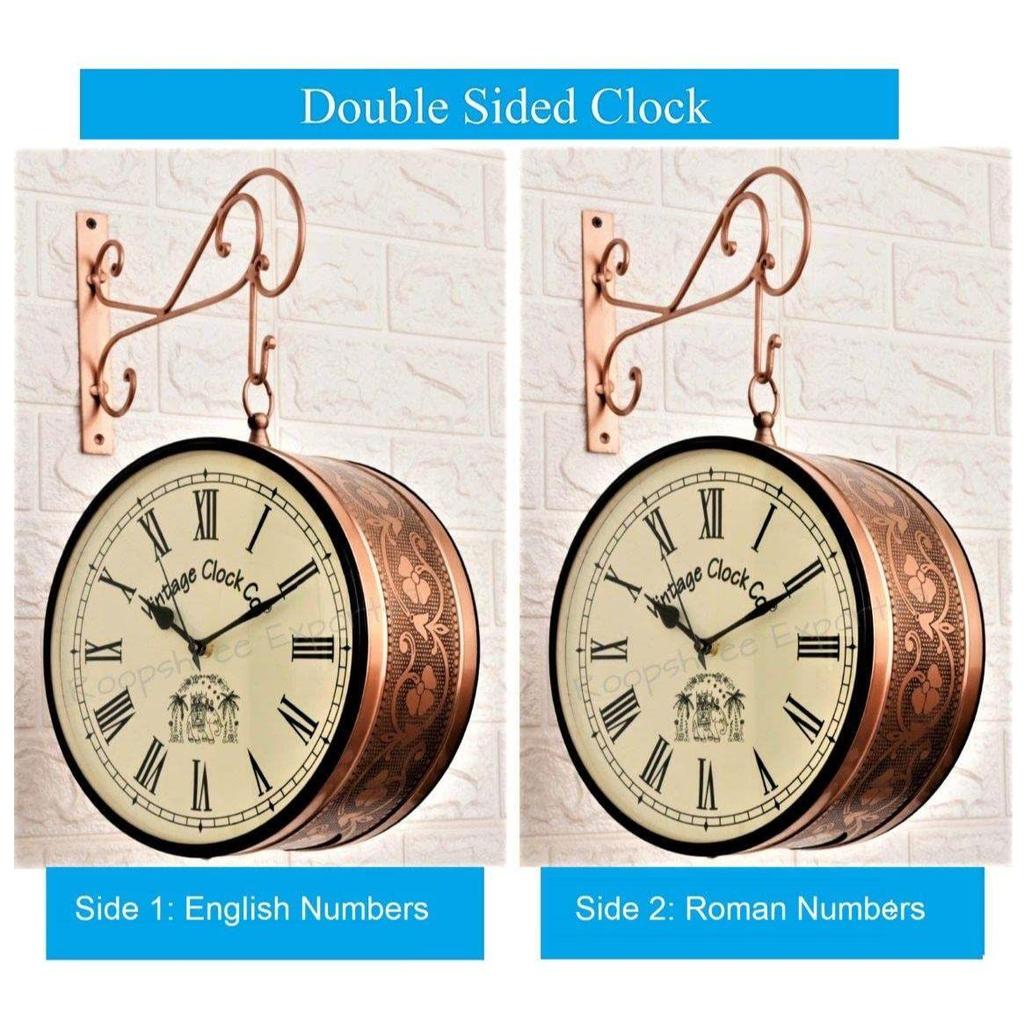 Vintage Clock Handcrafted Double Side Clock with Roman Numbers 1 Year Warranty (8 Inches Size, Rose Gold Finish, Floral Design