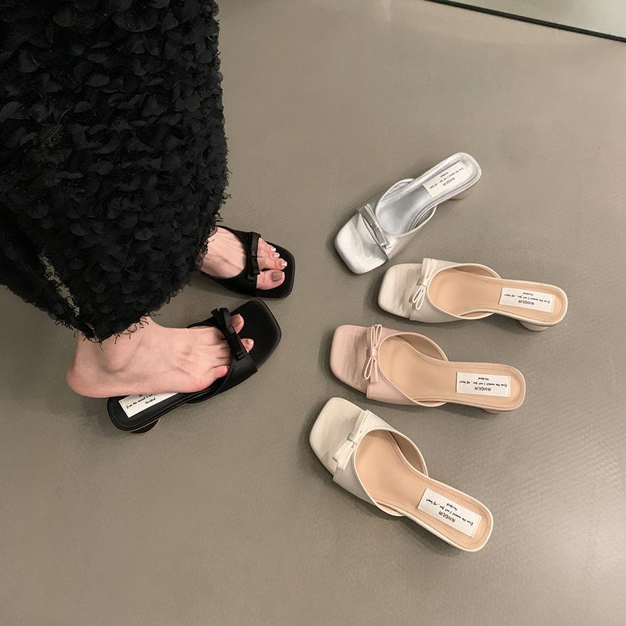 French Sandals Bow Slippers 2025 Summer New Fairy Shoes Outer Wear Temperament Thick Heel Sandals Women