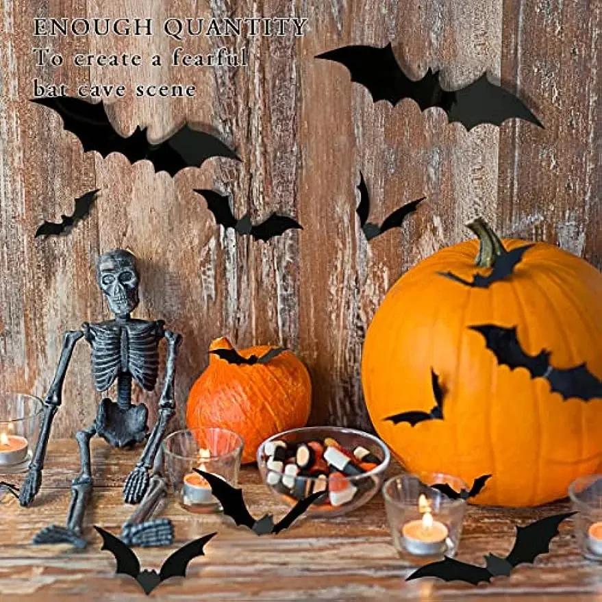 72pcs 3D Black PVC Bat Wall Stickers Halloween Decorations Scary Party Props DIY Home Bar Room Decoration for Spooky Halloween Night
