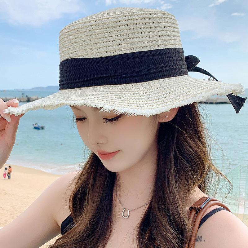 Fiocco Coreano Cappello di Paglia da Donna Estivo Protezione Solare Cappello da Pescatore a Tesa Larga Dama Ragazza Spiaggia Viaggio Visiere Parasole Cappelli Panama