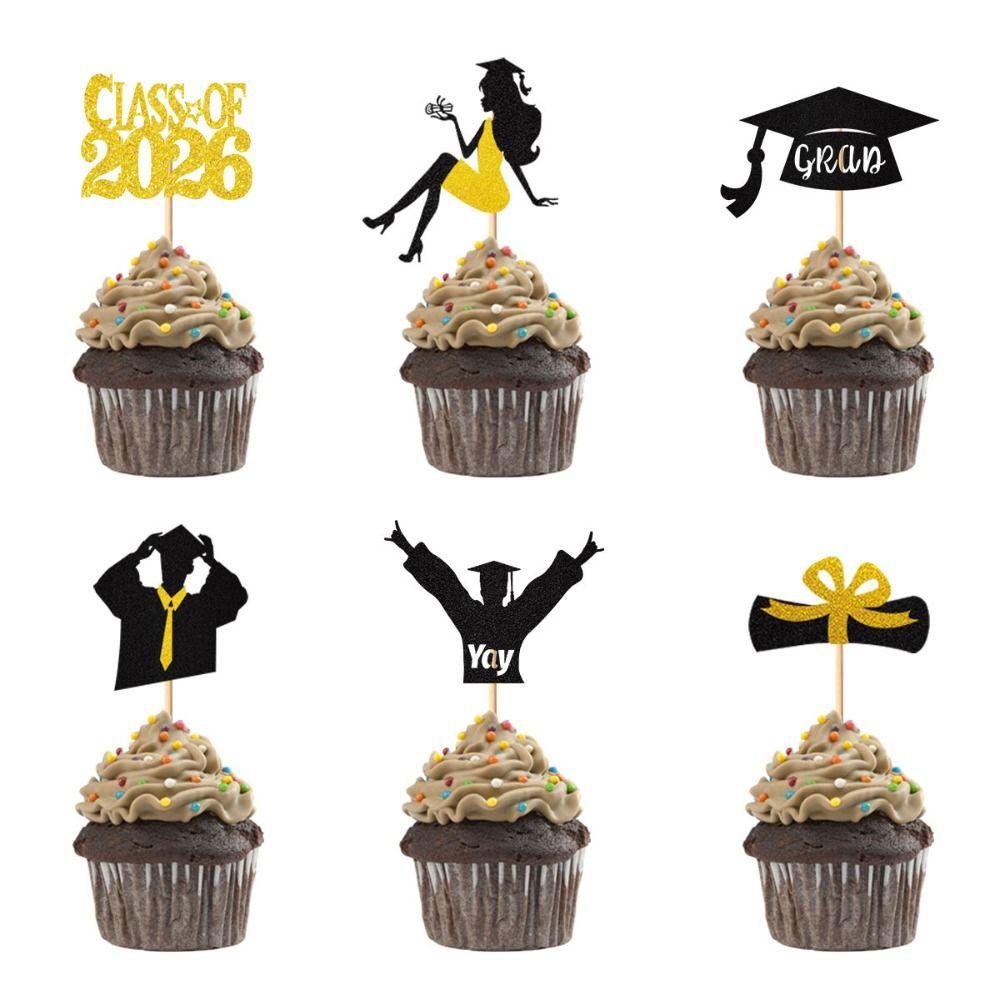 24pcs Class of 2026 Graduation Cupcake Toppers 6 Styles Glitter Diploma Grad Cap Cupcake Picks Reusable Cupcake Picks