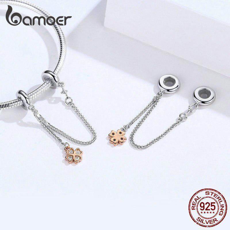 Lanț de siguranță din argint sterlin BAMOER 925, pisică, pisică, trifoi cu patru foi, se potrivește cu bijuterii originale pentru brățări