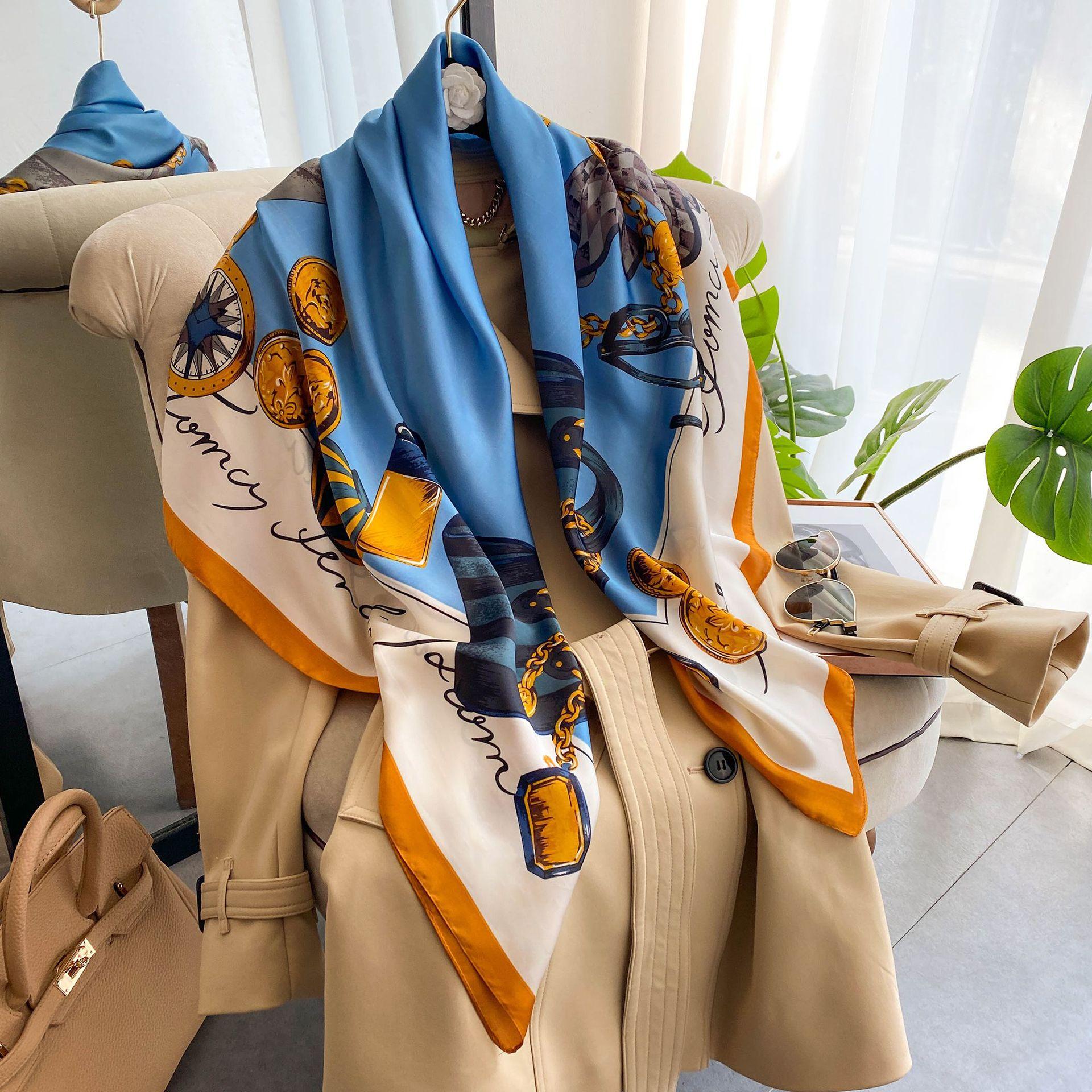 

Високоякісні розкішні шовкові шарфи пов язка на голову Шарфи шийний шарф для жінок ланцюжок шовковий шарф жіноча декоративна хустка 110-110cm