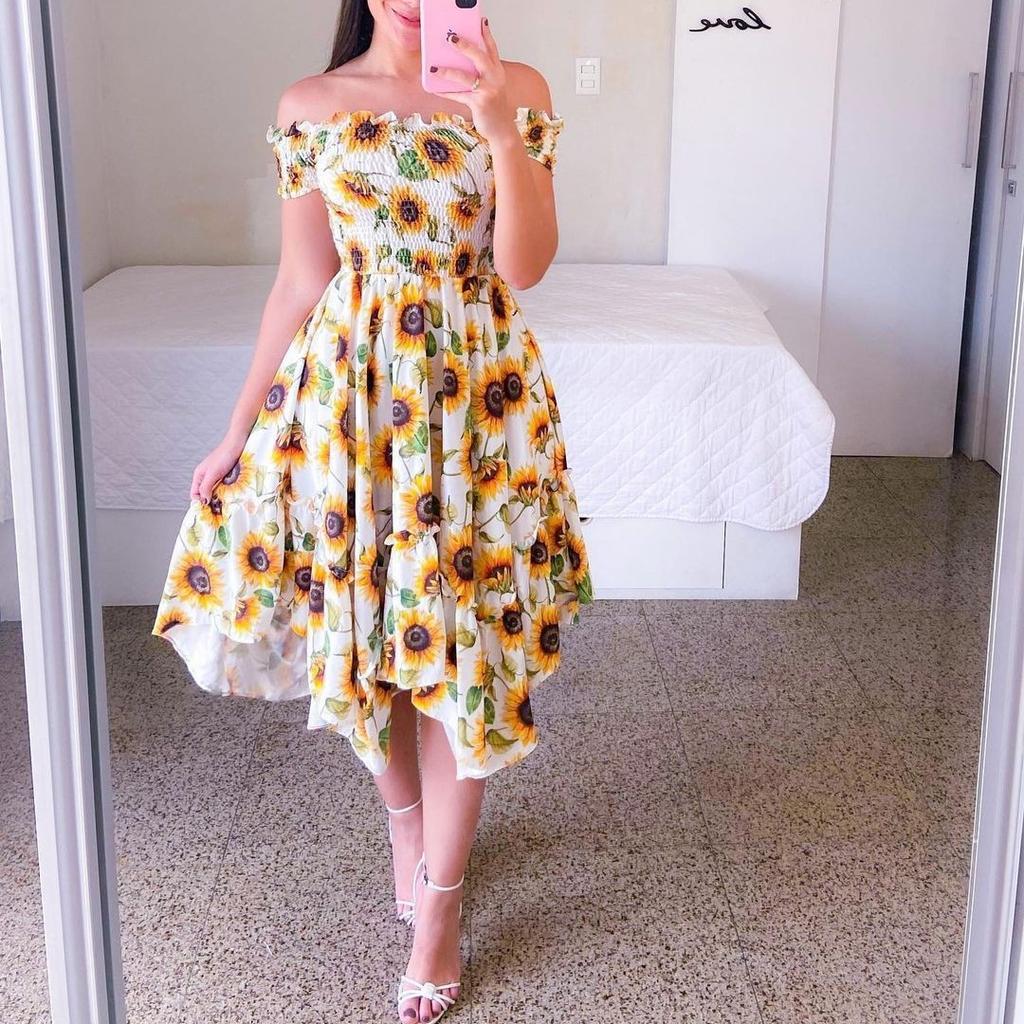 European and American Ebay One-word Collar Asymmetrical Off-the-shoulder Short-sleeved Digital Printing Dress