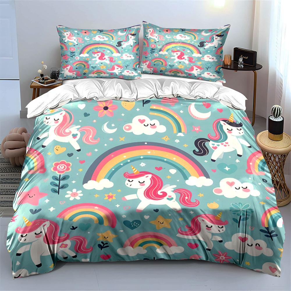 Fantasy Pink Unicorns And Rainbows Print Bedding Set 1 Duvet Cover 2 Pillowcases For Adult And Children Luxury Gift Full Size