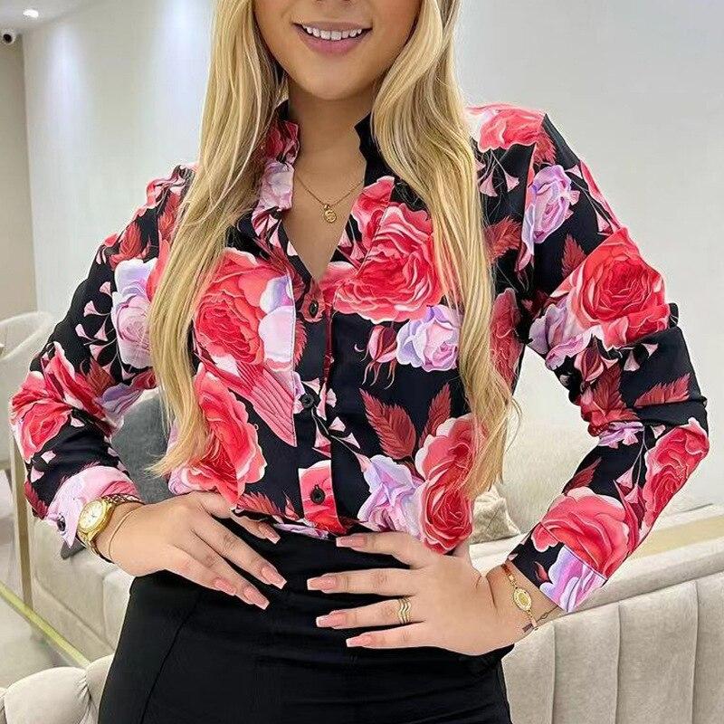 

Модная рубашка с цветочным принтом на пуговицах, элегантная офисная женская одежда, топы, милая блузка с V-образным вырезом и длинным рукавом, Blusas Mujer De Moda 25461 L чёрный