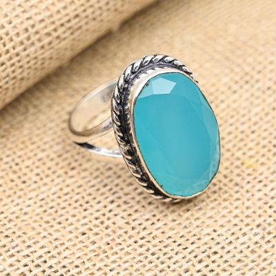 Anello gioielli da sposa in argento sterling 925 fatto a mano con pietra preziosa di calcedonio blu