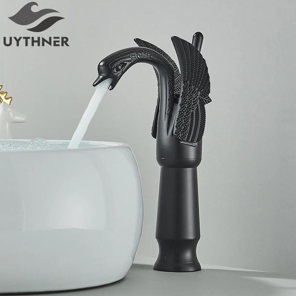 Uythner Luxury Swan Bath Basin Brass Faucet Cold and Hot Water Mixer Taps Black /Gold/Antique Bathroom Washbasin Crane