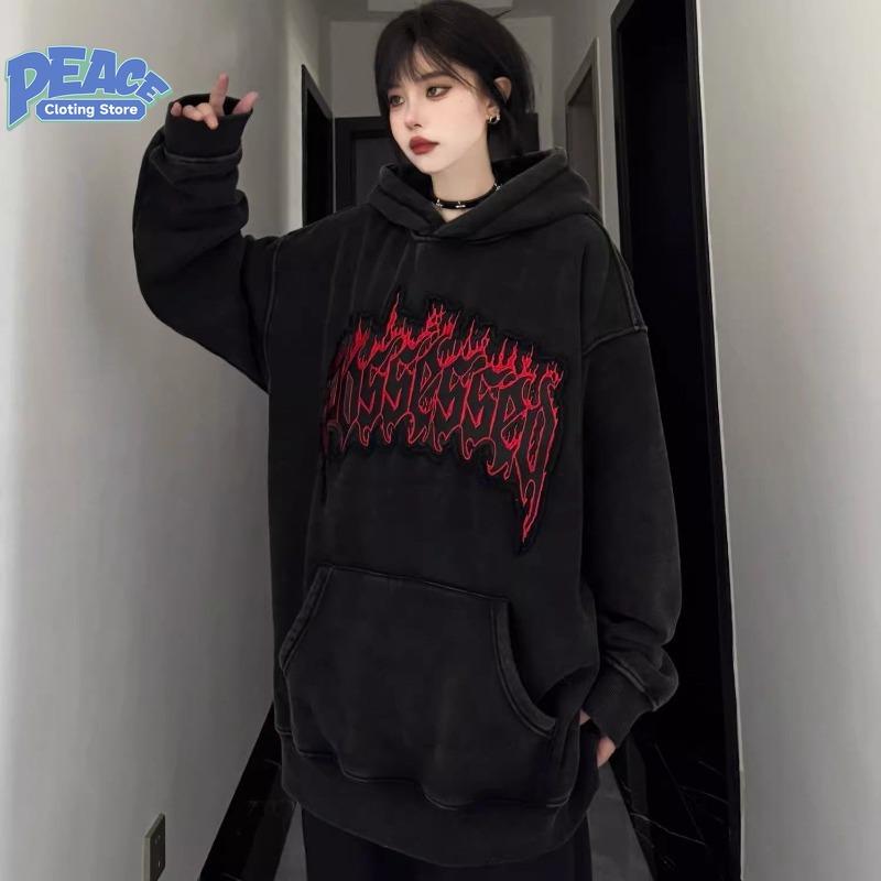 Retro Flame Letter Printed Hooded Sweatshirt for Men and Women Autumn and Winter Fashion Trend Casual Comfy Thick Top Streetwear