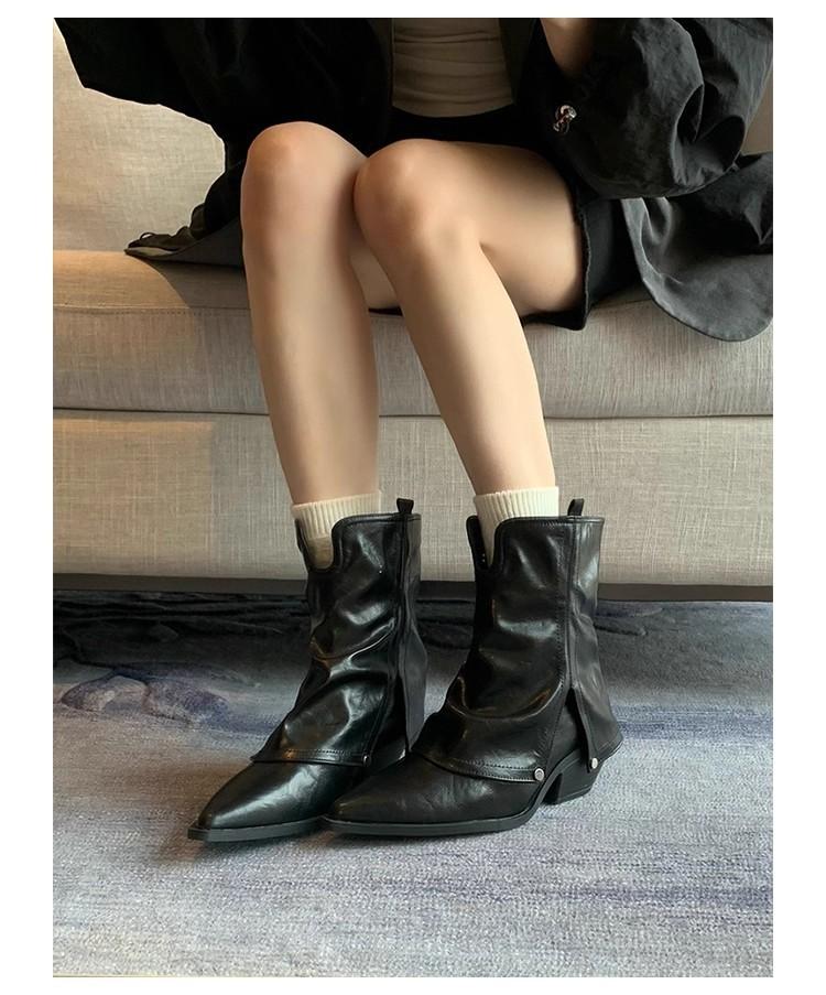 Cowhide version~ V-mouth boots pointed-toed pleated trouser tube boots western cowboy boots high-heeled Martin boots women's thick-heeled short boots
