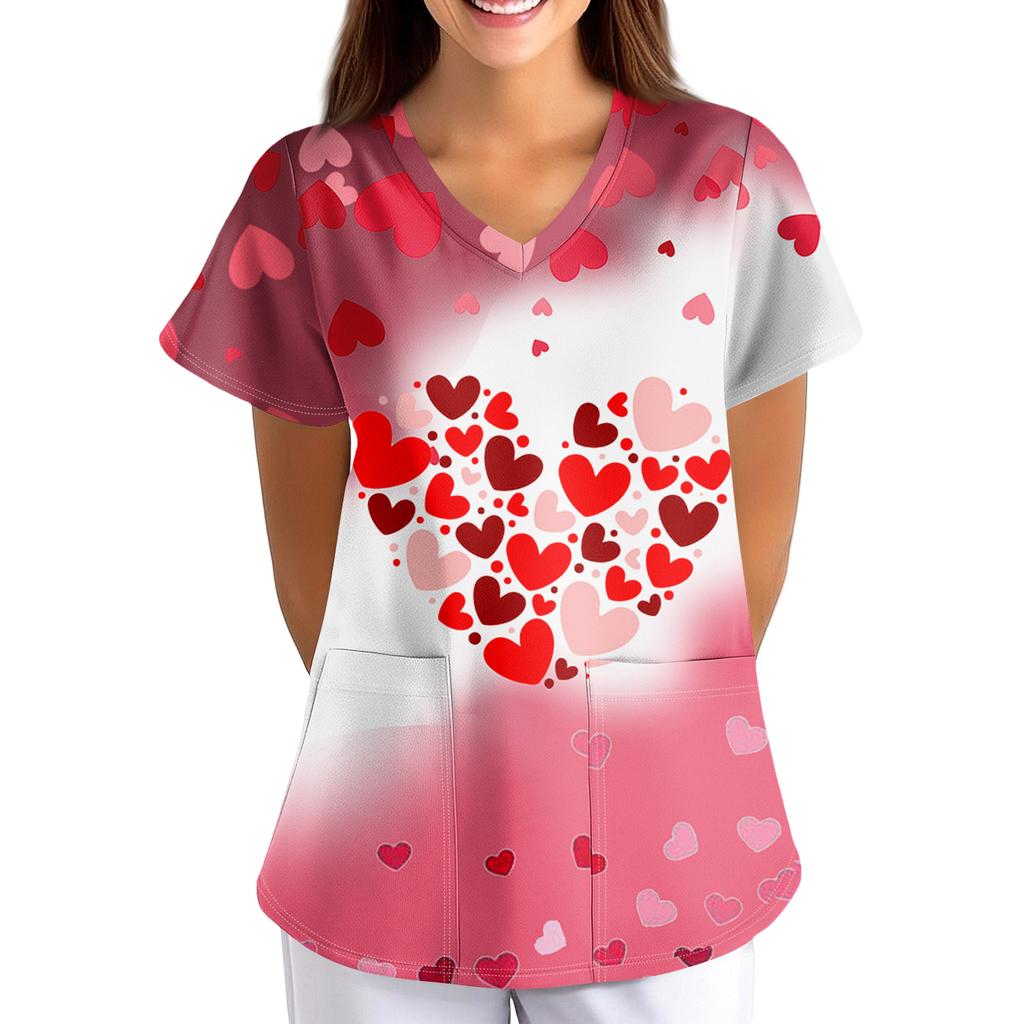 ÜbergrößeBedruckte Kasack Arbeitsuniform Oberteile für Damen V-Ausschnitt mit Überkreuzung Print Kurzarm Lustige T-Shirts Arbeitskleidung T-Shirt mit Taschen