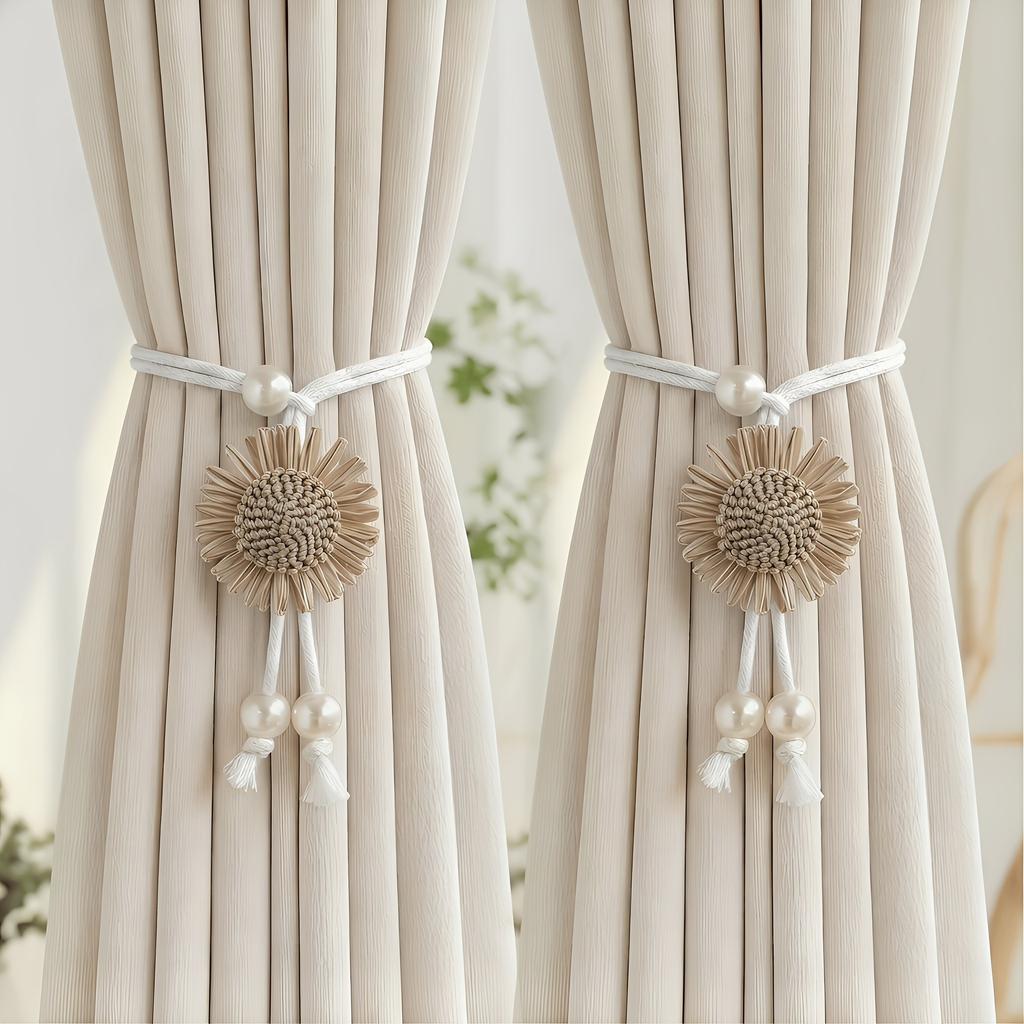 Sunflower Curtain Straps, Rustic Style, No Hole Tying Straps, Pearl Decoration, Flower Curtain Buckles, Bay Windows, Screen Curtains, Tying Ropes