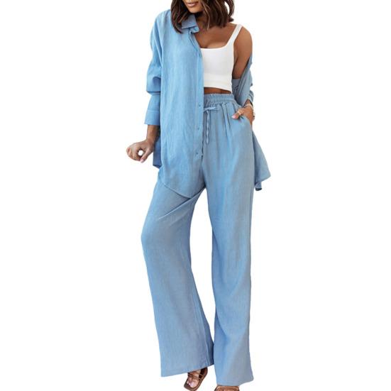 2 Piece Outfits for Women Long Sleeve Button Down Shirts And Wide Leg Pants Sets Casual Tracksuit Loungewear