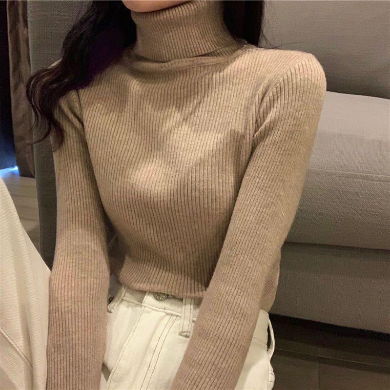 Women's Slim Fit Solid Turtleneck Sweater - Versatile Fashion Knit Pullover for Autumn & Winter