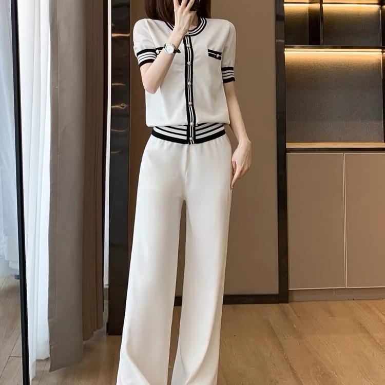 Spring Summer Women's Professional Knitted Wide Leg Pants Set