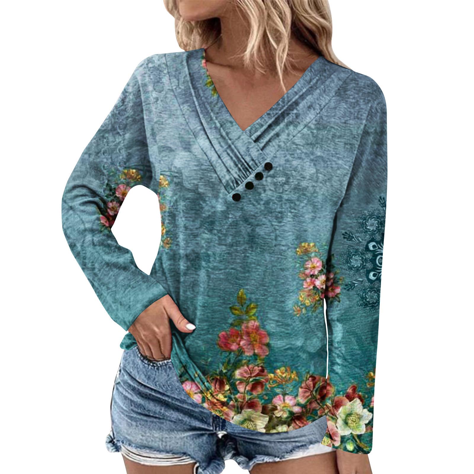 

Женская туника с длинными рукавами, свободные топы, повседневные топы большого размера, плиссированная туника на пуговицах, повседневные осенние женские топы с цветочным принтом L небесно-голубой