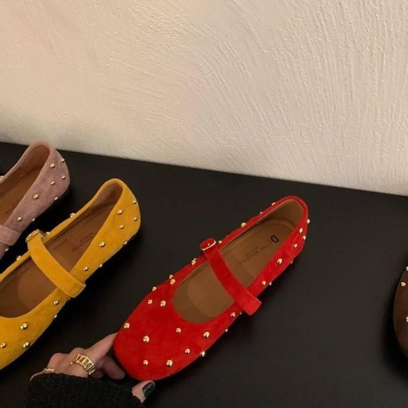 Damen flache Schuhe Retro Nieten Freizeit Schuhe Komfort Weicher Boden Ballerinas Wildleder Freizeit flache Schuhe Klassische Mary Jane flache Schuhe Zapatos Mujer