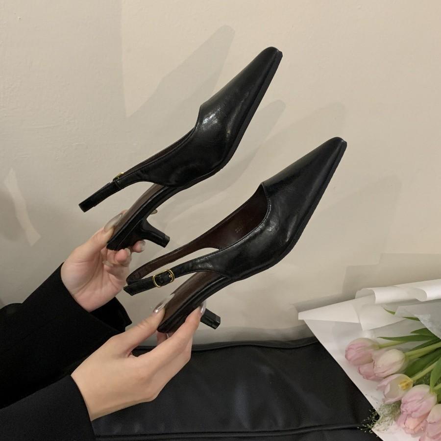 2025 spring and summer new women's shoes shallow mouth bag head thin heel empty sandals European and American medium and low heel shoes versatile bl