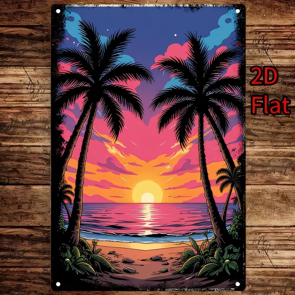 Tin Sign Beach Sunset Trees Neon Glow Metal Plaque Vintage Retro Wall Decor for Bar Pub Cafe Man Cave Home Bathroom Garage Artw
