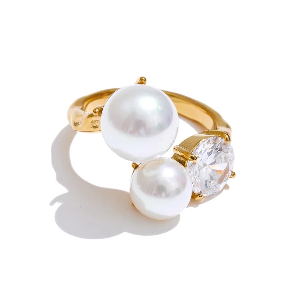 

Yhpup Korean Simulated Pearls Cubic Zirconia Adjustable Chic Ring High Quality Stainless Steel Popular Jewelry Wholesale Gift resizable