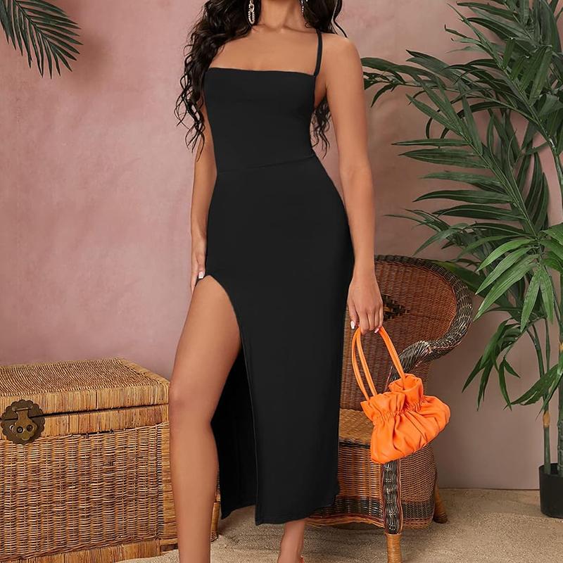 Women's Slim Sexy Suspender Halter Split Dress Summer Party Back Strappy Backless Maxi Dress