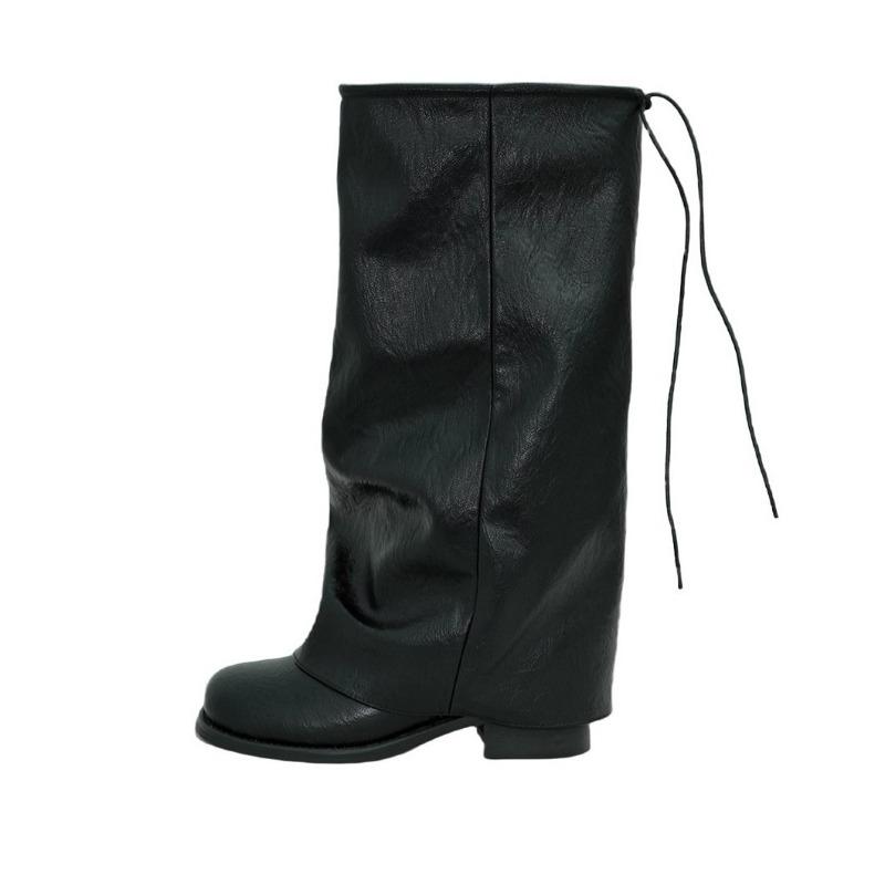 Spice Girl Elastic Adjusting Pant Boots Women's Spring and Summer New Black Maillard Vintage Round Head Folded Knight Boots