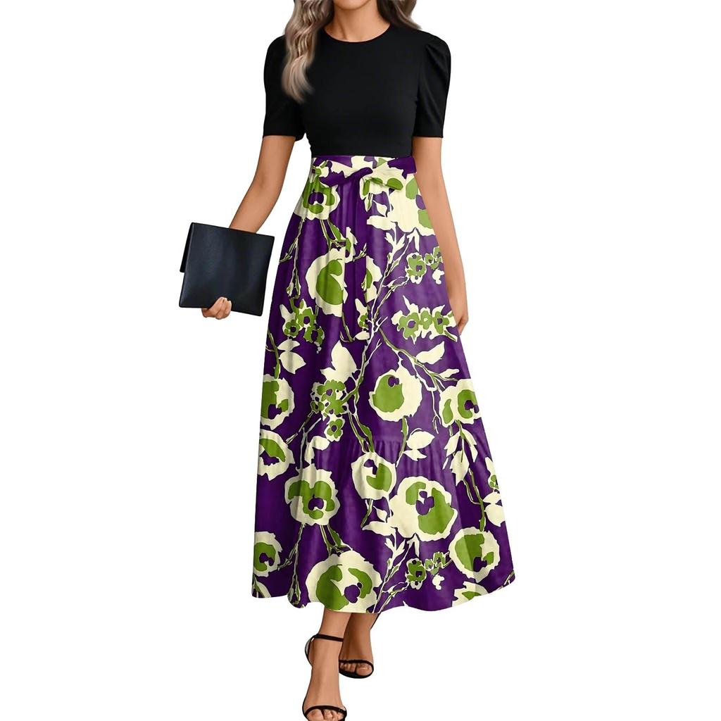 Women's Floral Print High Waist Fashionable And Elegant Dress