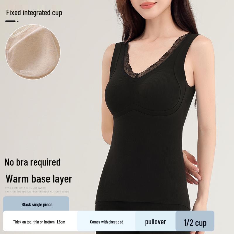 Sentimental Cat Women's Warm Vest with Chest Pads, Cashmere Silk, Enhances Bust, Autumn/Winter Slim Fit Innerwear