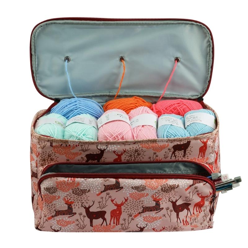 Crochet Supply Bag for Knitting Projects, Carry Bag with Guide Eyelets, Front Pocket and Covered Main Section for Daily Use