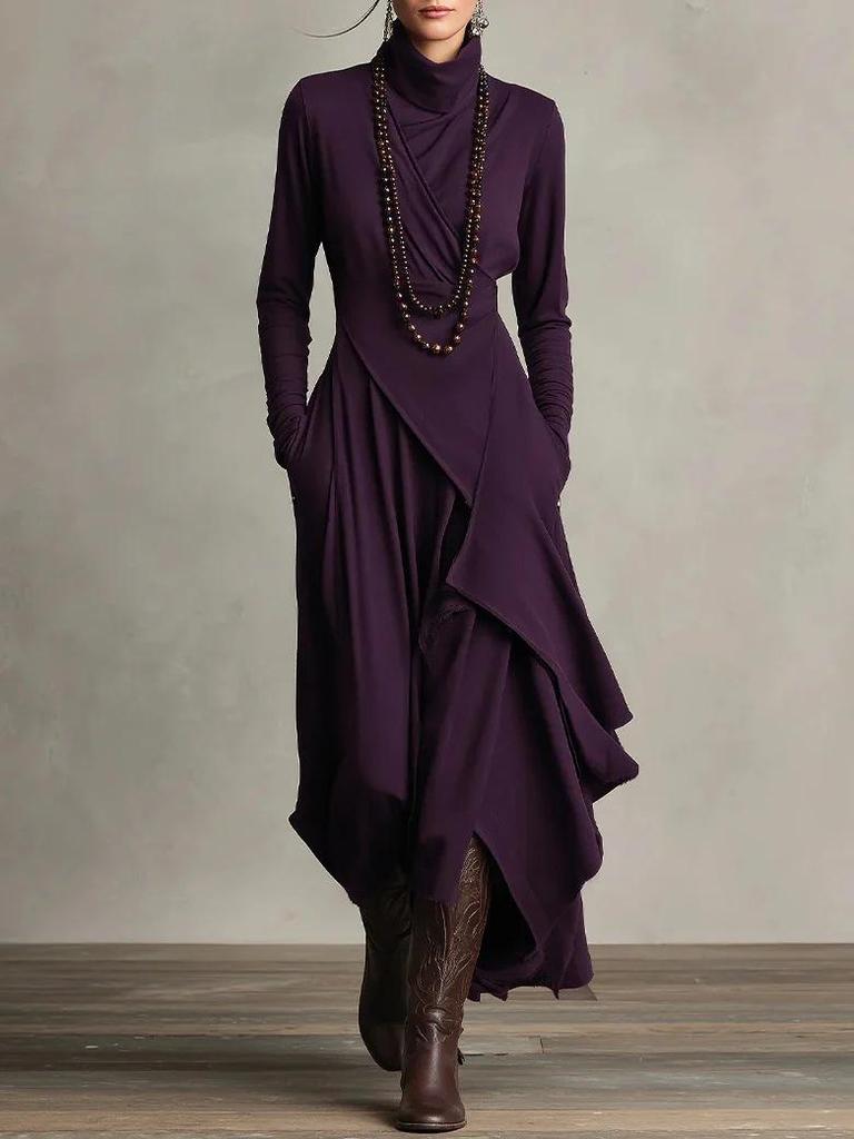 2025 European Women's Solid Color Long Sleeve Turtleneck Maxi Dress