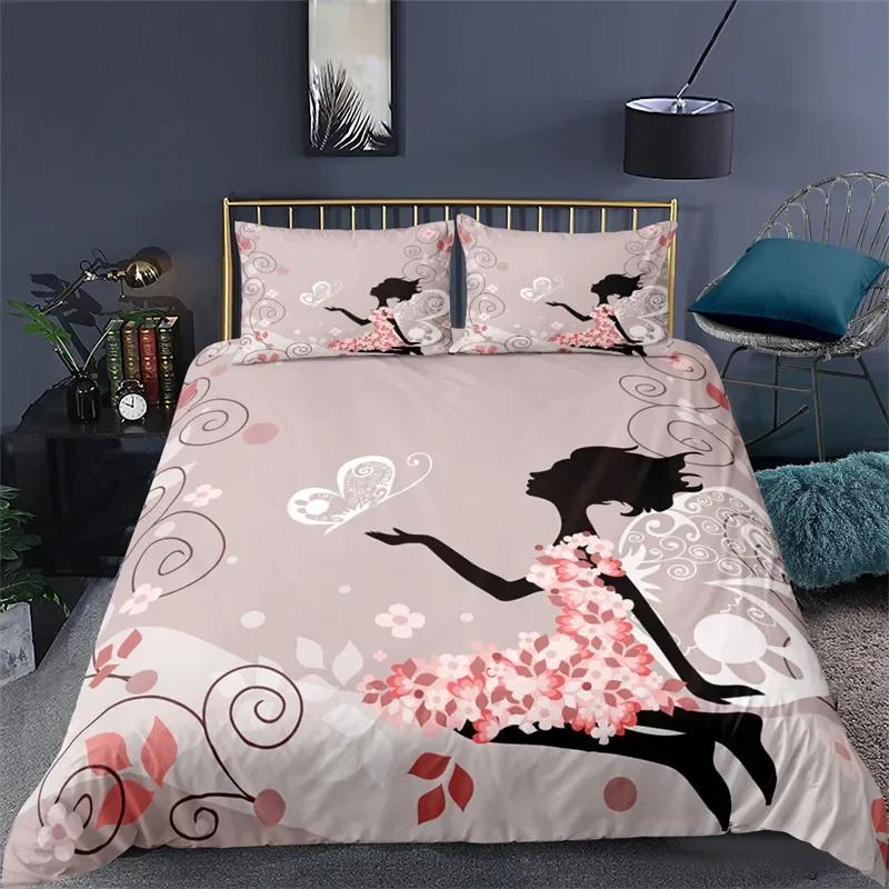 Girly Buterfly Soft Duvet Cover Lovely Pink Flower Fairy featuring Wings Beding Set Microfiber Romantic Warm Comforter Cover King Quen Sized Dimension