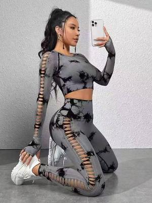 Cross-border Tie-dye Quick-dry High-waisted Yoga Set: Long Sleeve & Side Cut-out Pants