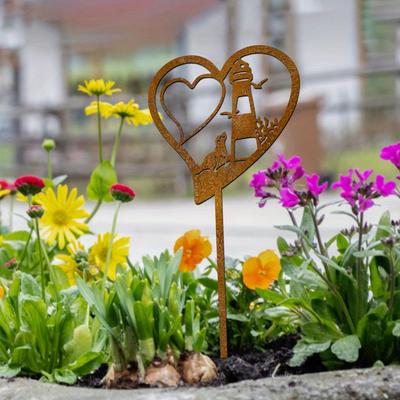 1Pc Iron Lighthouse and Seal Garden Decoration Ground Plug, Rust-Colored Outdoor Decoration, with Heart-Shaped Design, Perfect Ation, Lawn Decoration.
