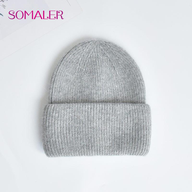 

SOMALER вязаные шапки с широкими манжетами для женщин, зимняя шапка из ангорской шерсти, мягкие теплые лыжные шапки высокого качества серый