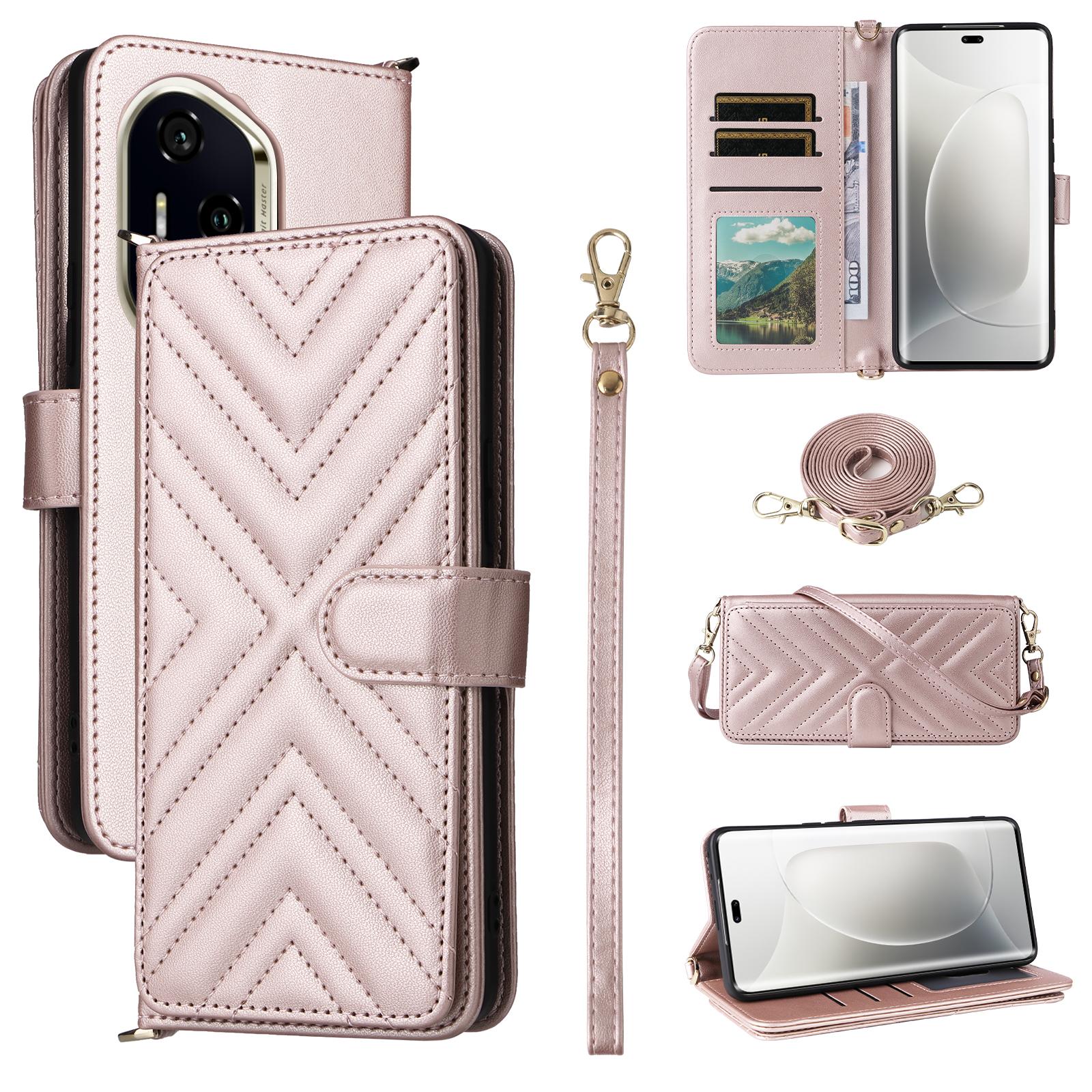 

Чехол-кошелек для Honor 300 Pro/300 Ultra с плечевым/кистевым ремешком, кожаный чехол для телефона, подставка Pink