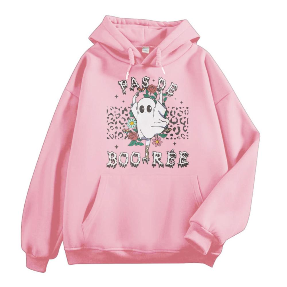 Pas De Boo-rée Leopard Ghost Halloween Hoodie Unisex Trendy Streetwear Hooded Sweatshirt Long Sleeve Casual Autumn Pullover