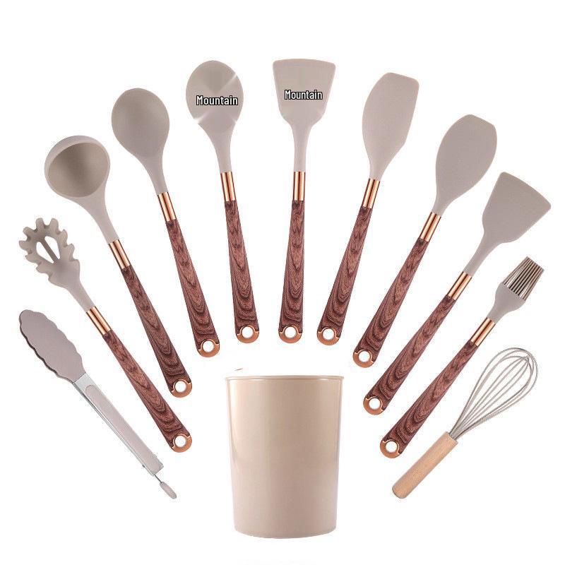 12-Piece Silicone Wood-Grain Non-Stick Cookware Set with Heat-Resistant Spatula and Spoon
