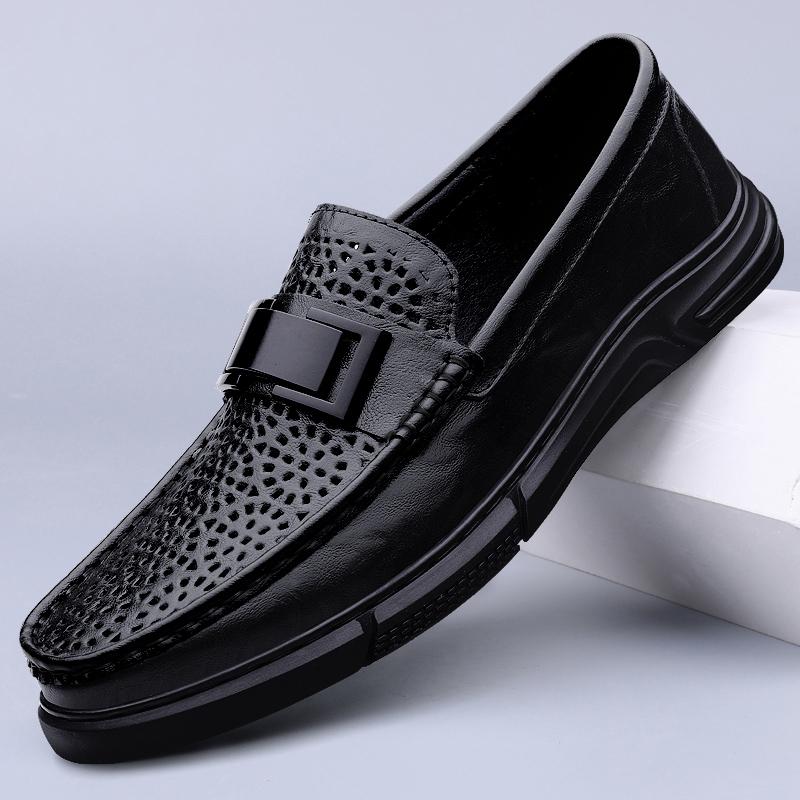 Högkvalitativa Vår Sommar Herrskor Casual Lyxmärke Äkta Läder Herr Loafers Utskurna Andningsbara Slip on Mockasiner