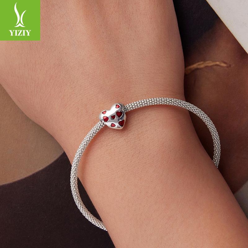 S925 Sterling Silver Red Love Beads Sweet Romantic Heart-Shaped Charm Diy Beads Loose Beads
