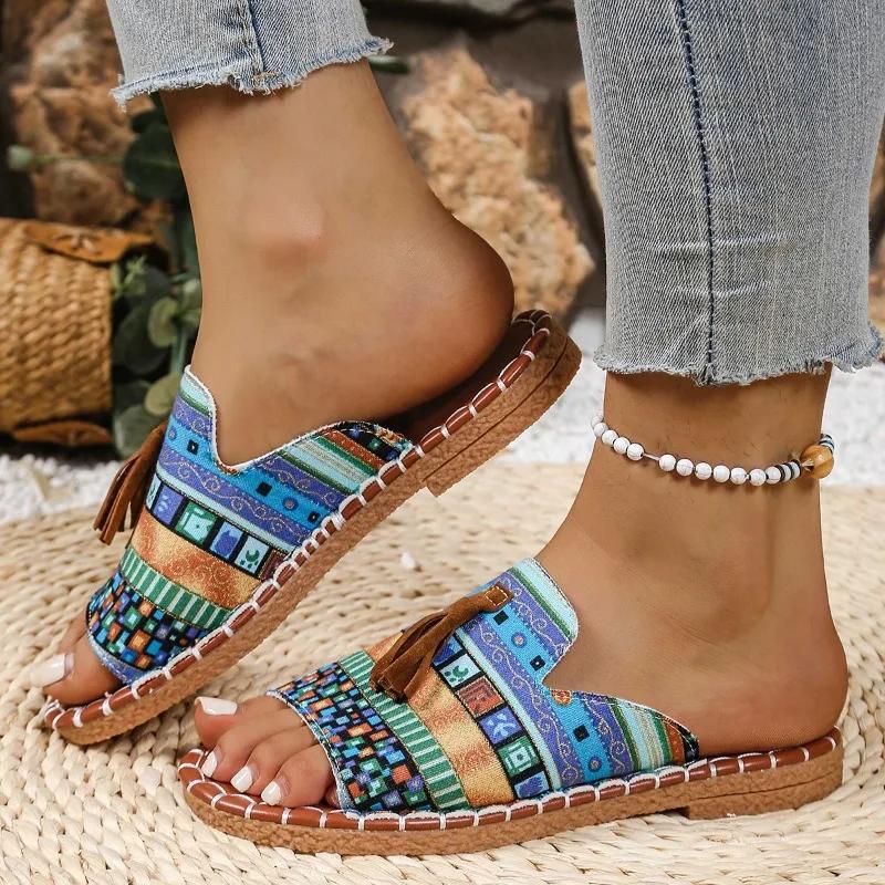 Fashion Women 2025 Summer Tassels Decor Beach Slippers New Bohemia Style Print Flat Sandals Outdoor Elegant Slippers Women Slides Women